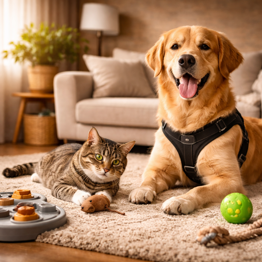 hond en kat in de woonkamer